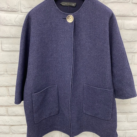 Zara Wool Blend Cape Coat Size L in Navy Blue Oversized - Picture 5 of 8